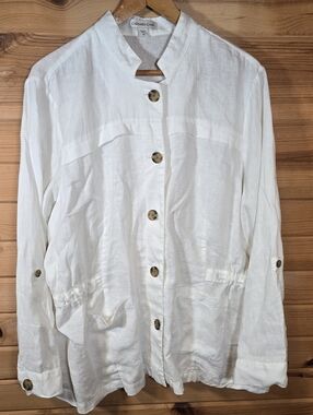 Coldwater Creek 100% Linen Button Up Blouse Women's Size 24 White Coastal Beach